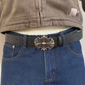 2000s Vintage Chrome Cross Buckle Belt – Unisex Grunge Emo Skater Style, New